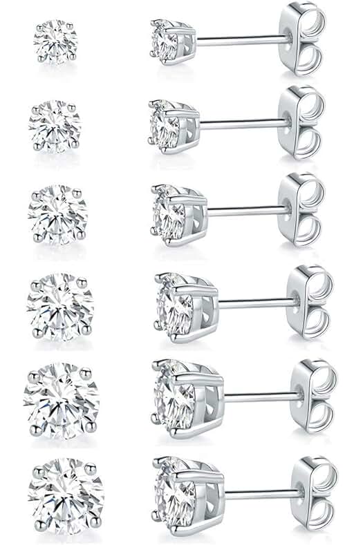 18K White Gold Plated 4 Pong Round Clear Cubic Zirconia Stud Earring Pack of 6 Pairs (6 Pairs)