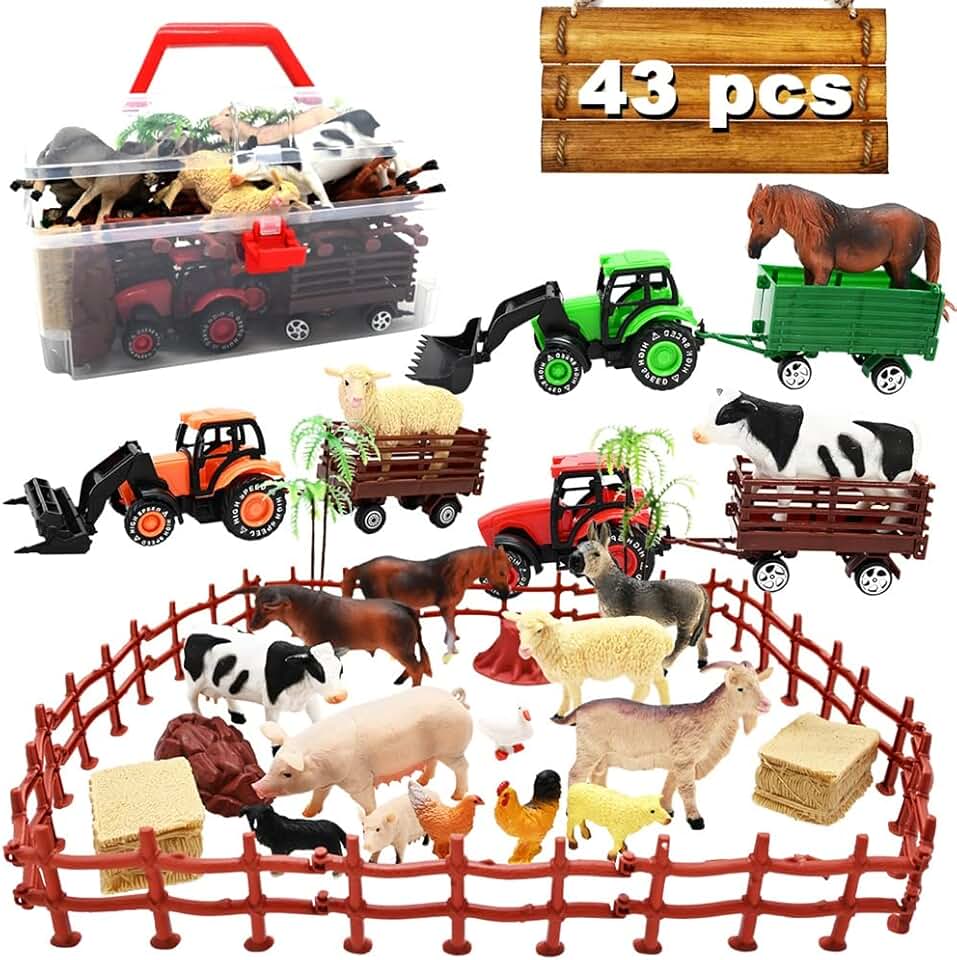 3 Pack Farm Toy Tractor with 40pcs Plastic Animals Figurines and Fence Playset