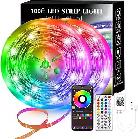100FT Smart LED Strip Lights RGB Sync to Music with 40 Key Remote Controller LED Lights for Bedroom