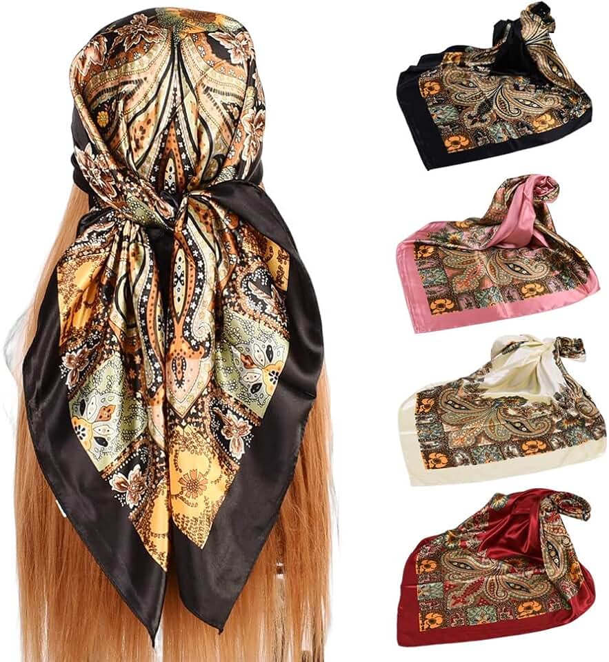 4Pcs Silk Head Scarves for Women Satin Hair Scarf 35โLarge Square Bandana Silk Like Neck Scarf Shawl